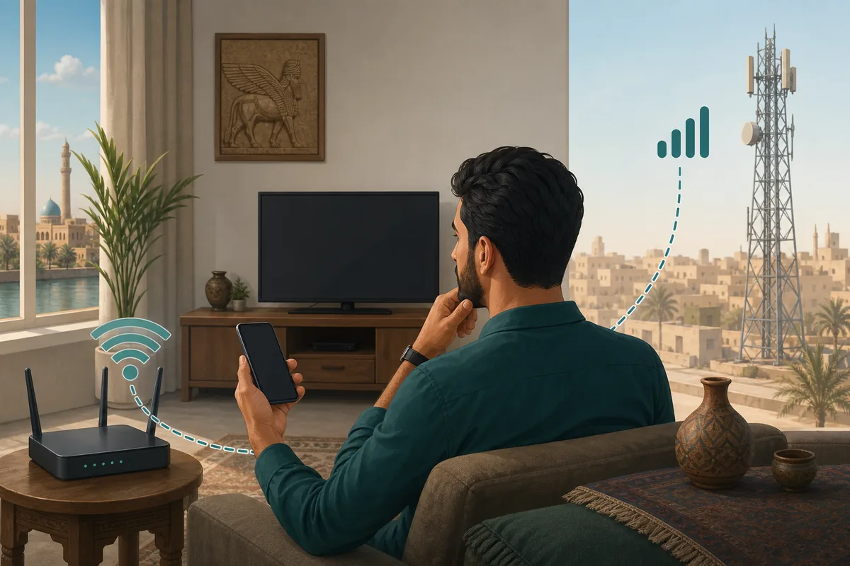 صورة تحريرية لمستخدم يقارن الواي فاي وبيانات الهاتف للوصول إلى سينمانا