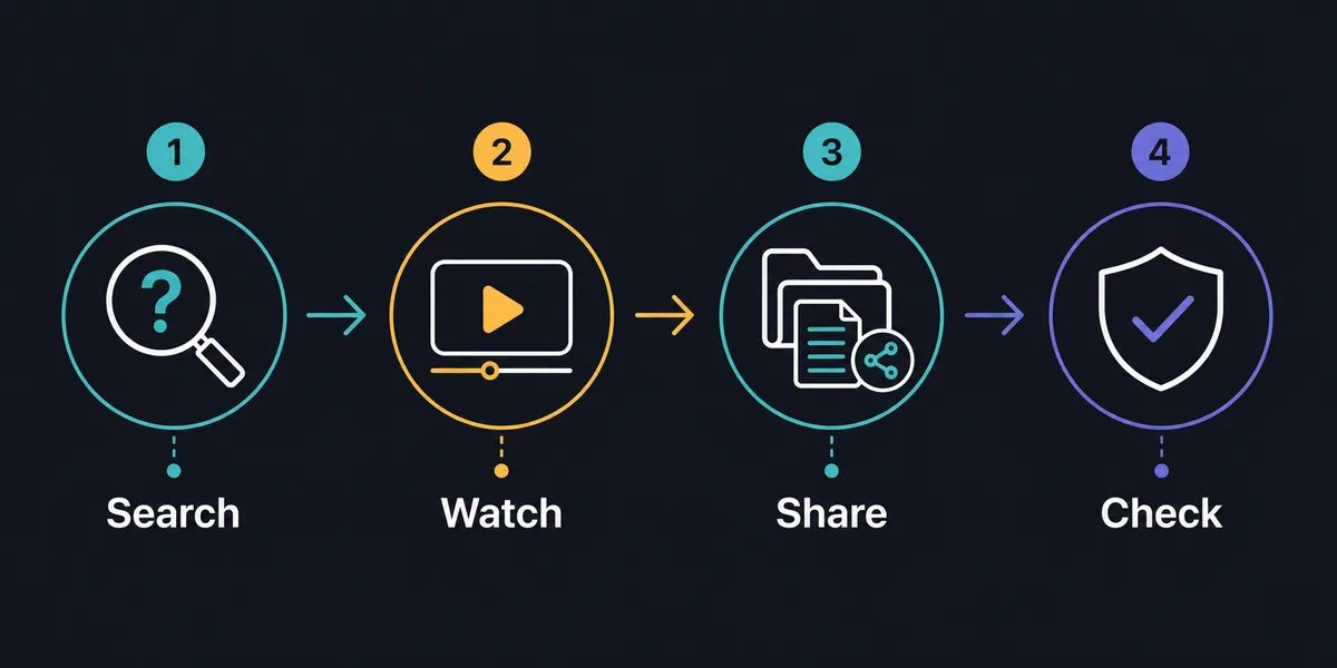 Decision flow showing search, watch, share, and safety check steps for Cinemana Share confusion