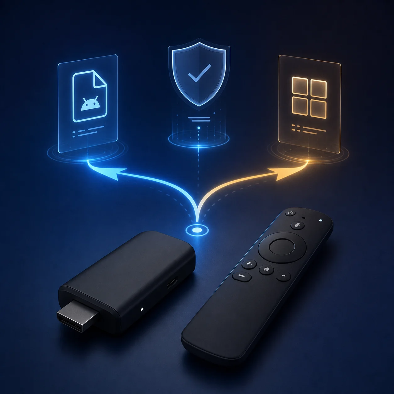 رسم توضيحي مفاهيمي لفحص نظام Fire TV Stick قبل تثبيت APK مع ملف ودرع ومسار قرار