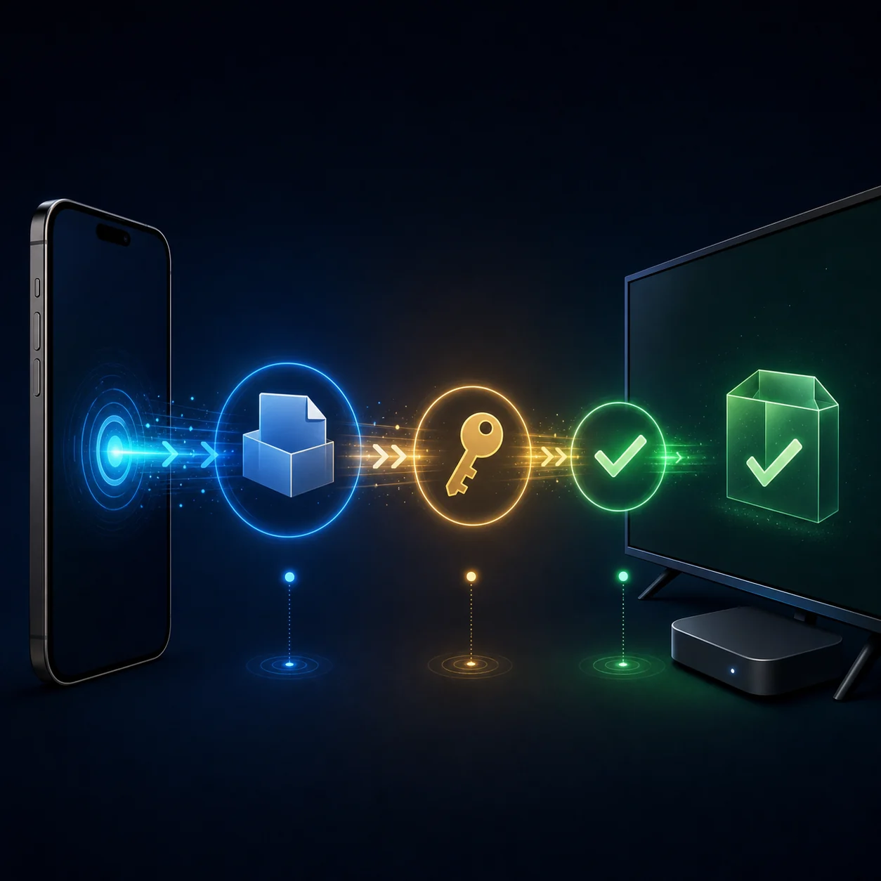 رسم توضيحي لنقل APK من هاتف إلى تلفاز مع فحص إذن مؤقت