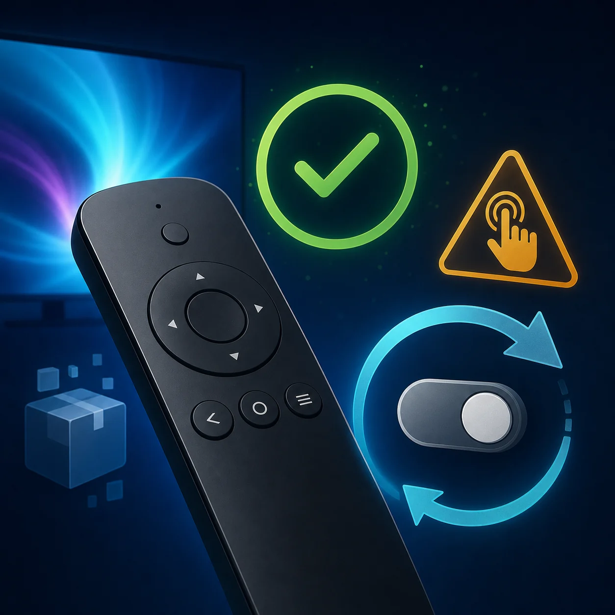 رسم توضيحي لاختبار ريموت Fire TV مع تحذير من الاعتماد على اللمس وسهم تنظيف