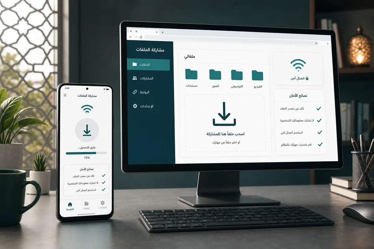 دليل شير شبكتي يوضح الهاتف والكمبيوتر وملاحظات الأمان قبل استخدام Shabakaty Share